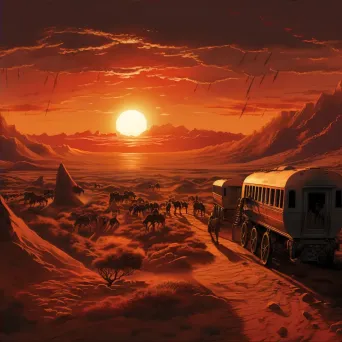 Digitally painted depiction of the Silk Road at sunset with desert caravans - Image 4