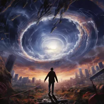 Time traveler emerging from a vortex into a post-apocalyptic cityscape - Image 3