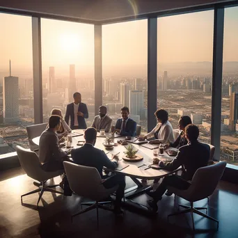 Diverse leaders brainstorming in a conference room with a city view - Image 3