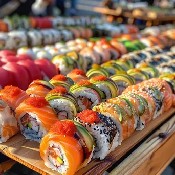 Array of sushi rolls on a wooden table at an outdoor street food market. - Image 1