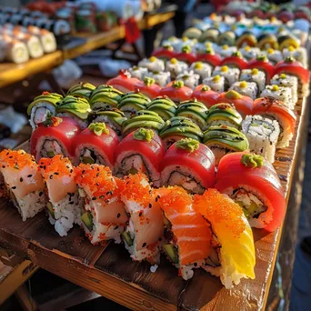 Array of sushi rolls on a wooden table at an outdoor street food market. - Image 2