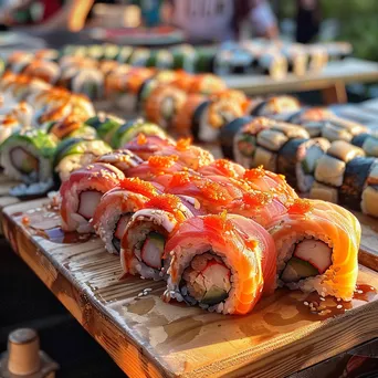 Array of sushi rolls on a wooden table at an outdoor street food market. - Image 3