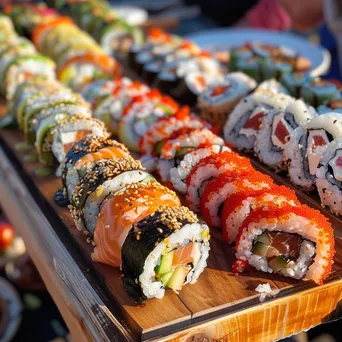 Vibrant Sushi Display at Street Food Market