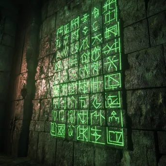 Photorealistic 3D rendering of ancient crypt wall runes casting an eerie green light - Image 2