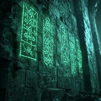 Photorealistic 3D rendering of ancient crypt wall runes casting an eerie green light - Image 3