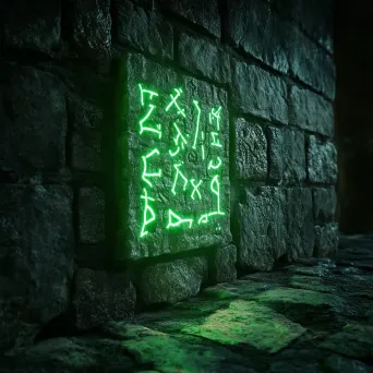 Photorealistic 3D rendering of ancient crypt wall runes casting an eerie green light - Image 4