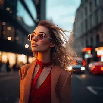 Fashion model showcasing AR glasses in urban street setting - Image 1