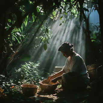 Artisan weaving in a garden with dappled sunlight - Image 1