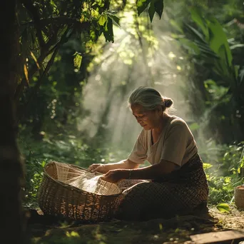 Artisan weaving in a garden with dappled sunlight - Image 3