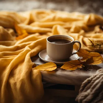 Golden autumn leaves on a knitted blanket with a steaming mug of cider - Image 1