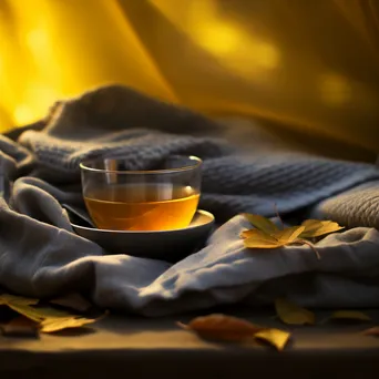 Golden autumn leaves on a knitted blanket with a steaming mug of cider - Image 3