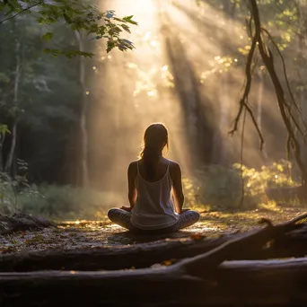 Woman practicing yoga in a forest during morning light. - Image 1