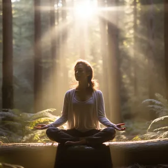 Woman practicing yoga in a forest during morning light. - Image 2