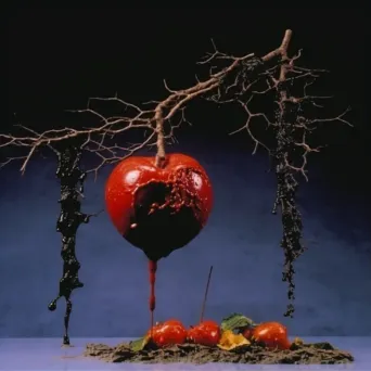 Illustration of a ripe fruit falling and decomposing into the earth - Image 1