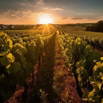 Sprawling vineyard with lush grapevines in rows under the setting sun - Image 1