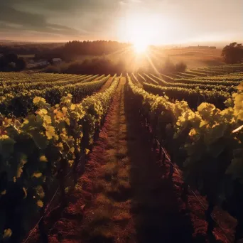 Sprawling vineyard with lush grapevines in rows under the setting sun - Image 3