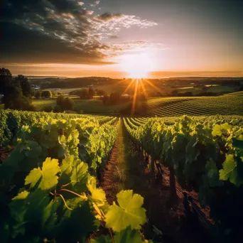 Sprawling vineyard with lush grapevines in rows under the setting sun - Image 4