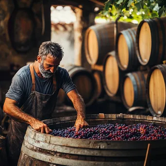 Winemaker crushing grapes in a rustic wooden vat - Image 1