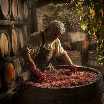 Winemaker crushing grapes in a rustic wooden vat - Image 2