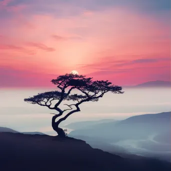 Image showing the silhouette of a solitary tree against a pastel dawn sky - Image 1