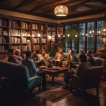 Community book club meeting with readers discussing literature in a cozy library - Image 3