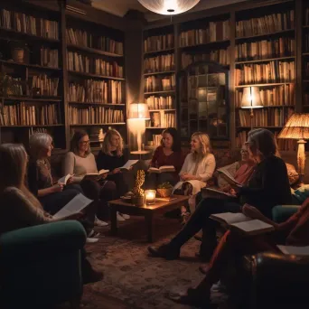 Community book club meeting with readers discussing literature in a cozy library - Image 4