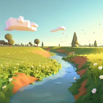 Low poly depiction of a tranquil countryside path with blooming wildflowers and a calm river - Image 2