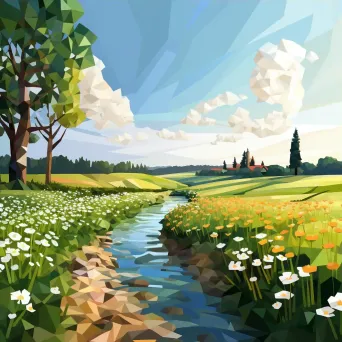 Low poly depiction of a tranquil countryside path with blooming wildflowers and a calm river - Image 3