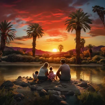 Family enjoying a picnic at a desert oasis - Image 1