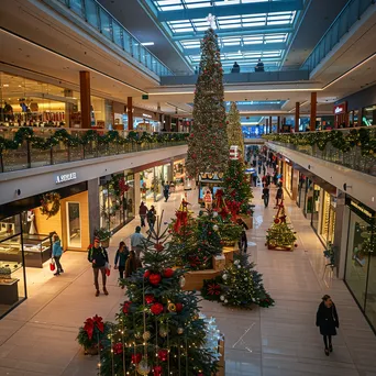 Indoor shopping mall with festive holiday decorations and shoppers. - Image 1