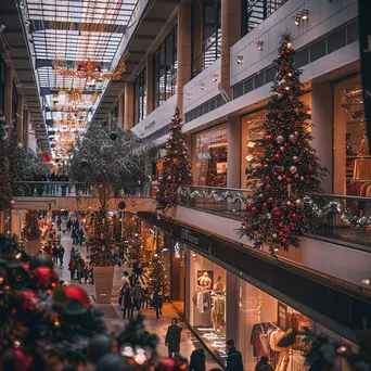 Indoor shopping mall with festive holiday decorations and shoppers. - Image 2