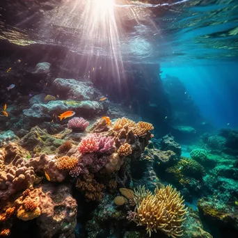 Sunlit underwater rock formations with marine life - Image 3