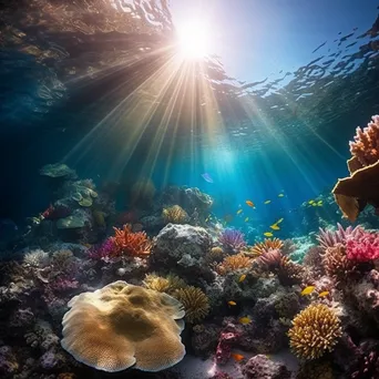 Sunlit underwater rock formations with marine life - Image 4