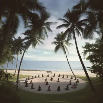 Yoga practitioners on beach with palm trees - Image 1