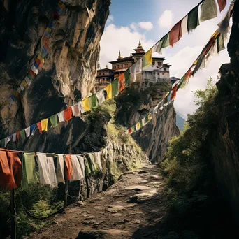 Ancient pilgrimage route with colorful prayer flags - Image 2