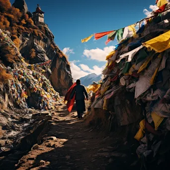 Ancient pilgrimage route with colorful prayer flags - Image 3