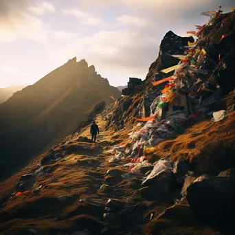 Ancient pilgrimage route with colorful prayer flags - Image 4