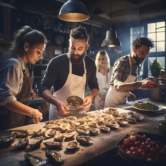 Group of chefs preparing oyster dishes in a kitchen - Image 1