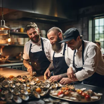 Group of chefs preparing oyster dishes in a kitchen - Image 2