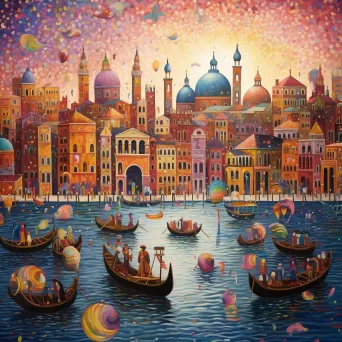 Pointillism depiction of a vibrant Venetian carnival with colorful masks and gondolas - Image 3