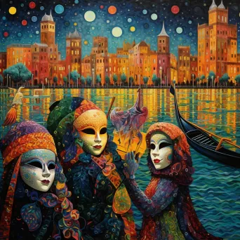 Pointillism depiction of a vibrant Venetian carnival with colorful masks and gondolas - Image 4