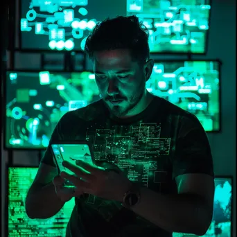 Data analyst reviewing cybersecurity statistics on multiple screens in a dark room - Image 1