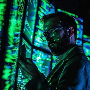 Data analyst reviewing cybersecurity statistics on multiple screens in a dark room - Image 2