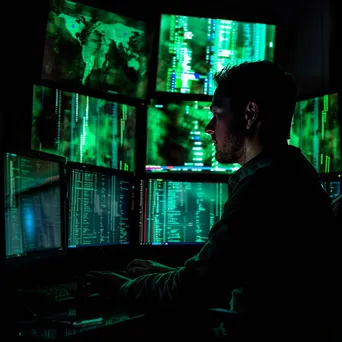 Data analyst reviewing cybersecurity statistics on multiple screens in a dark room - Image 3