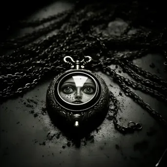 Surrealism of secrets trapped in an old locket with eerie aura, noir influenced - Image 4