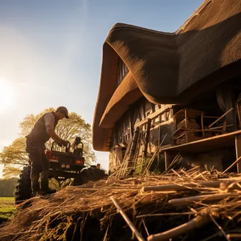 Farmer thatching a historical barn with tools and wildlife - Image 1