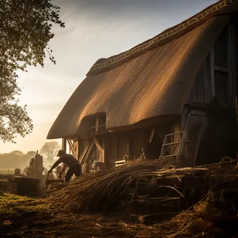 Farmer thatching a historical barn with tools and wildlife - Image 3