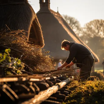 Farmer thatching a historical barn with tools and wildlife - Image 4