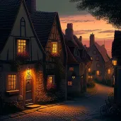 Twilight Village with Warm Lights