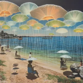 Retro beach scene with floating umbrellas and levitating sunbathers - Image 1